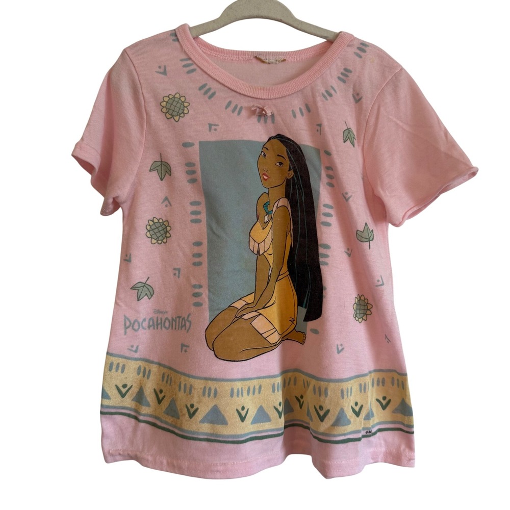 Vintage 90s Pocahontas Girls Pink T Shirt Leaf All Over Graphic 6 Floral Rare